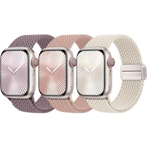 Braided Stretchy Bands Compatible with Apple Watch Bands 40mm 44mm 38mm 41mm 42mm 45mm 46mm 49mm Women Men, Soft Nylon Sport Strap with Magnetic Clasp for iWatch Series 11 10 9 8 SE 7 6 5 4 3 2 Ultra (A-Smoke Violet/Nude Pink/Starlight)