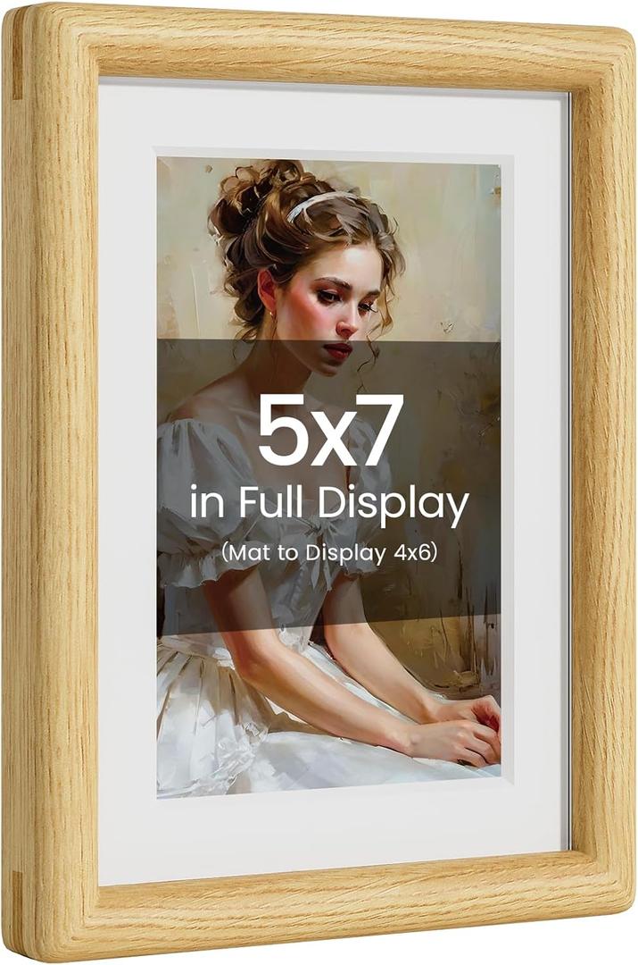 5x7 Picture Frame Natural Oak Wood From California-USA with Real Tempered Glass, Handcrafted 5 x 7 Photo Frame Matted to 4x6 Wedding Photo, Family Picture, Graduation Picture Display on Table & Wall