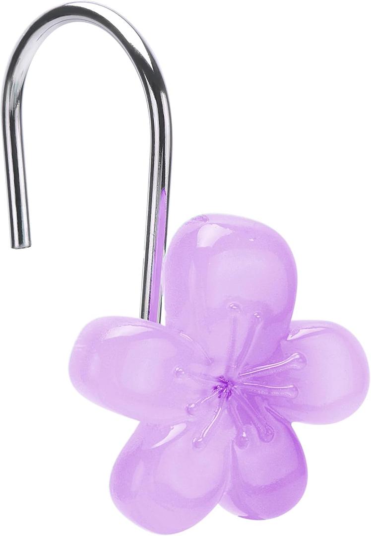Cute Flower Shower Curtain Hooks, Glow in The Dark, Pretty Floral Themed Elegant Bathroom Decor, Purple