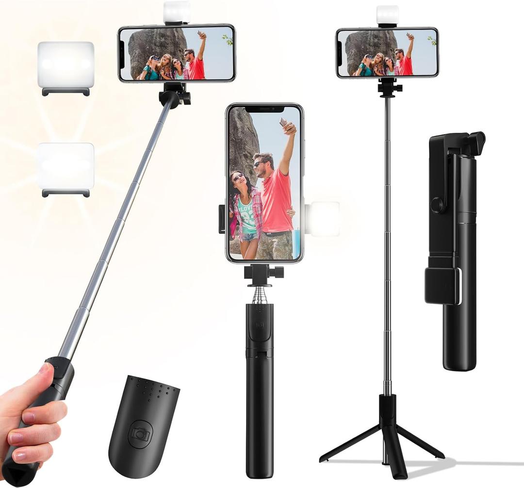 Selfie Stick, 40 in Retractable Phone Tripod with Wireless Remote Control & Light, Portable Selfie Stick Tripod for Photograph, Live Streaming, Video Recording, Compatible with All Cellphones (Black)