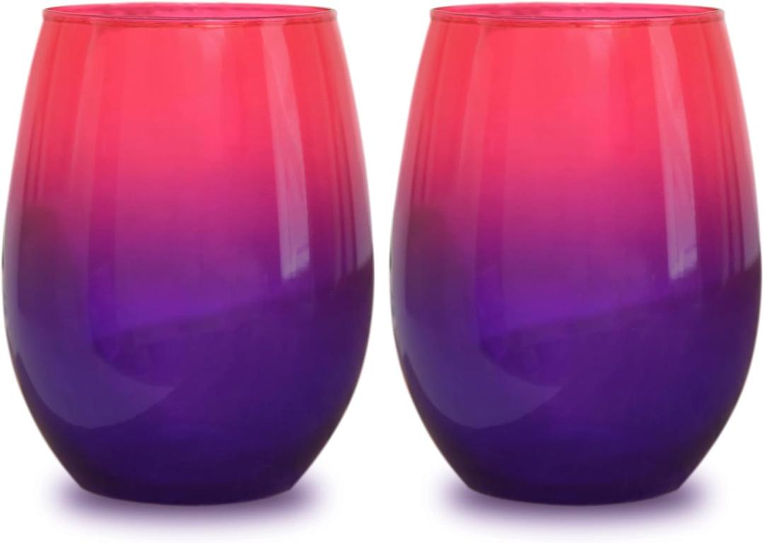 Bad Bananas Ombre Pink and Purple - Set of Two 21 oz Stemless Wine Glasses - Colored Glassware - Colorful Drinking Glasses Wine Gifts for Women