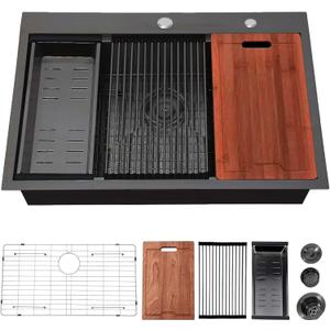 33x22 Inch Black Kitchen Sink Drop in - 33 Inch Gunmetal Handmade Topmount Workstation Sink 9 Inch Deep 16 Gauge Stainless Steel Single Bowl Sink with Accessories for Kitchen Laundry Utility, 33''X22''X9'' Workstation