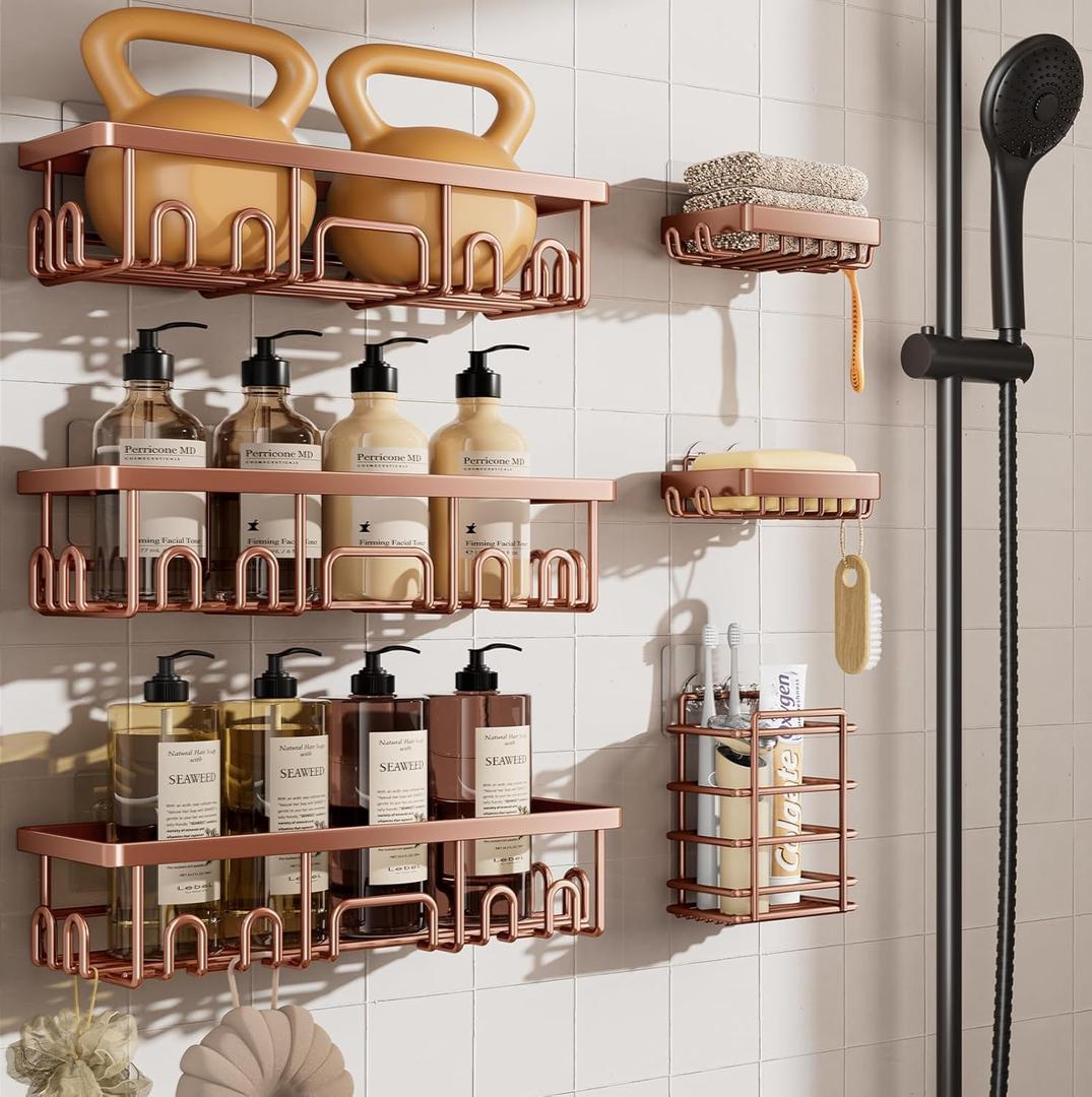 Veken Shower Caddy 6-Pack, No Drilling & Rustproof, Waterproof Adhesive Shelves Rack with Soap Holder, Large Capacity Bathroom Organizers and Storage, Wall-Mounted Kitchen & Home Decor, Rose Gold (6-Piece Set for Master Bathroom(Rustproof Upgrade))