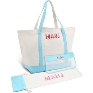 3 Pcs Empty Mahjong Canvas Bag Gift Embroidered American Mahjong Set Incl Tiles Bag and Racks & Pushers Drawstring Bags(Blue,Regular)