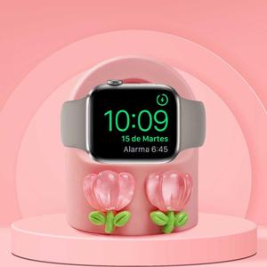 Cute Cartoon Tulip Charger Stand Fit for Apple Watch Series 10/9/8/SE2/SE/Ultra2/Ultra/7/6/5/4/3/2/1(49mm 45mm 44mm 42mm 41mm 40mm 38mm), Silicone iWatch Charging Dock Supports Nightstand Mode