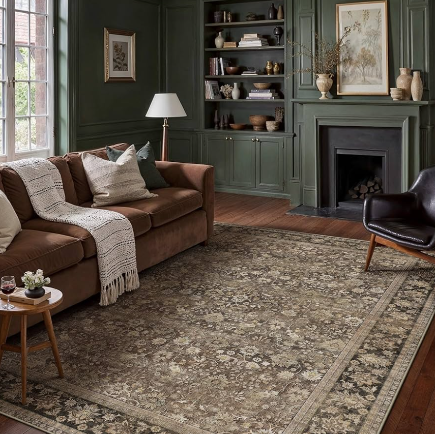 8x10 Machine Washable Rugs Brown Hallway Large Area Rug Indoor Accent Rug Floral Low Pile Carpet Soft Throw Aesthetic Rug Bedroom Living Room Office Dining Room Kitchen Laundry Room