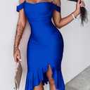 CHICME Womens Sexy Bodycon Party Dress Off The Shoulder Pearls Strap Midi Dress Ruffle Hem Cocktail Dresses (Blue)