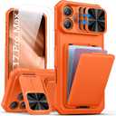 SSLOTSCASE for iPhone 17 Pro Max Case with 2X Screen Protector, HD Clear Anti-Scratch, Card Holder & Stand & Sliding Camera Cover, Men Women Drop Protection Case Cover for iPhone 17 Pro Max, Orange