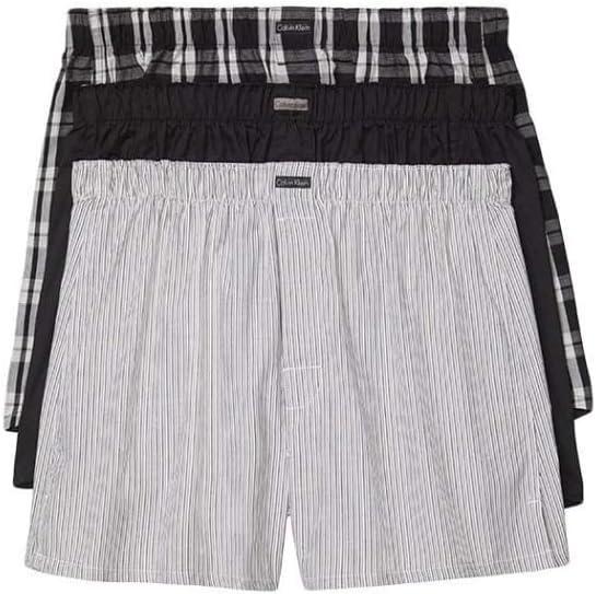 Calvin Klein Men's Underwear Cotton Classics 3-Pack Woven Boxer (Large, Black/Morgan Plaid, Black/Montague Stripe, Black)