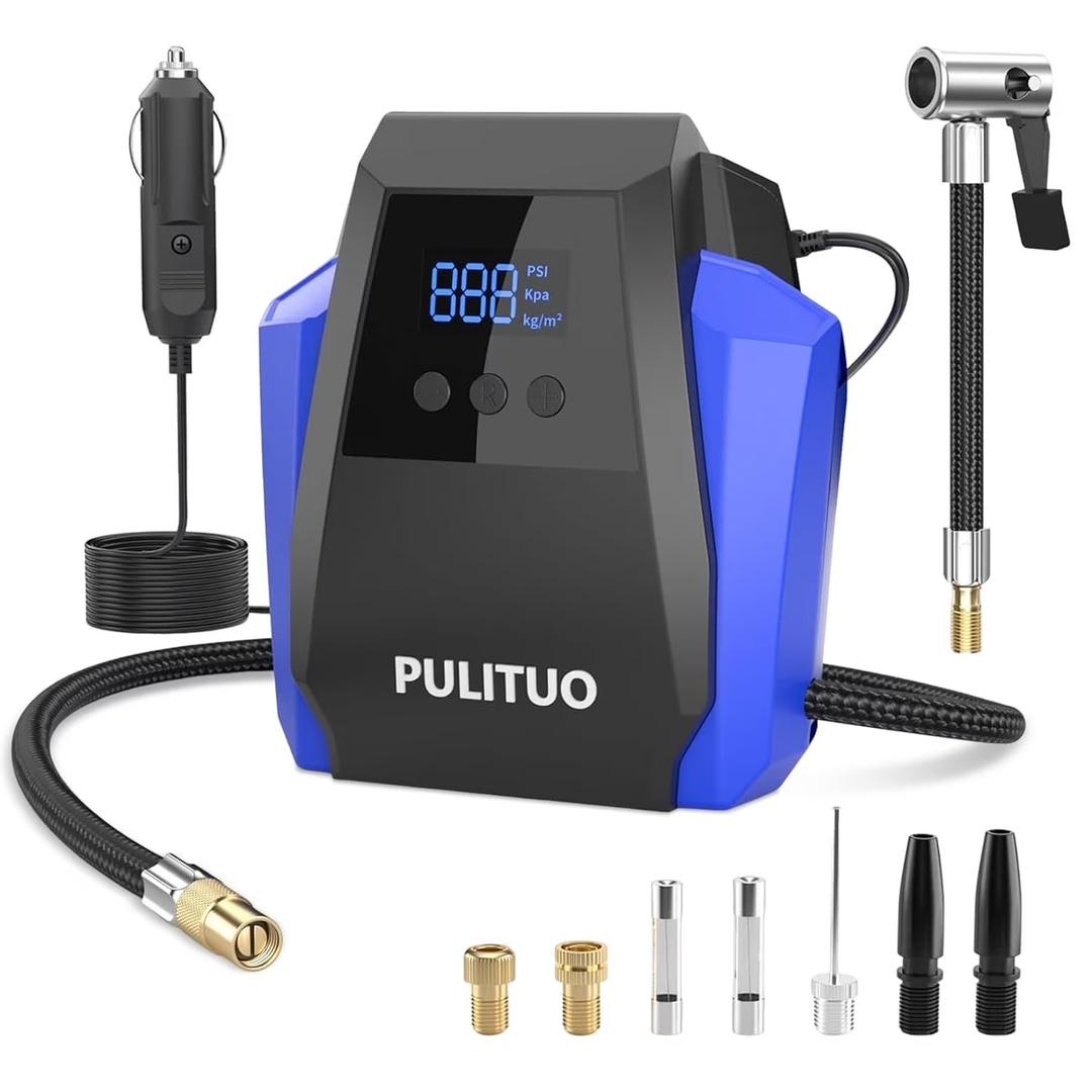 PULITUO Portable Tire Inflator - 12V Air Compressor for Car Tires, Digital Pressure Gauge, 150PSI, LED Light, for Car, Bike, Ball, SUV, Motor(Blue)