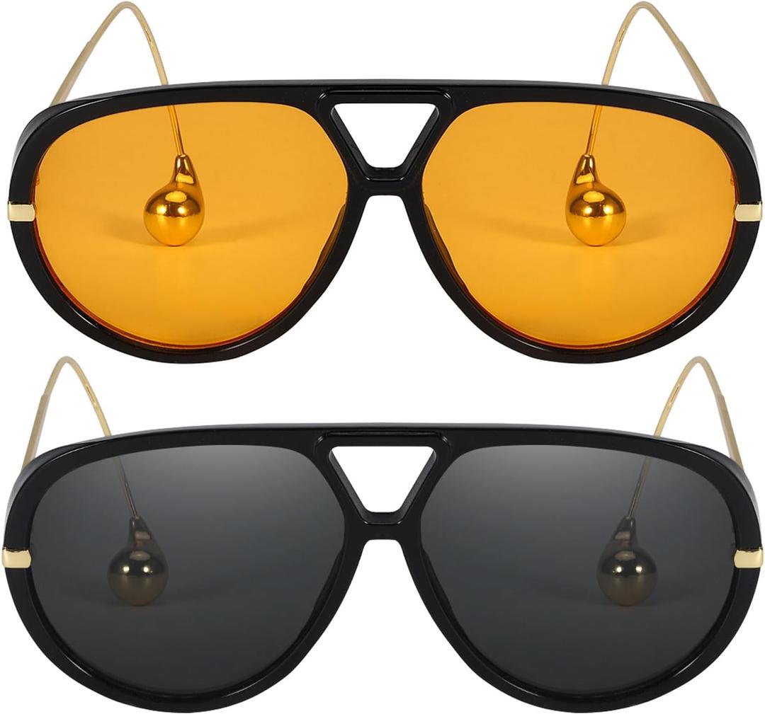 SODQW 2 Pack Oversized Aviator Sunglasses for Women Men With Earring Trendy Large Big Double Bridge 2025 Shades, Black/Orange+black/Grey
