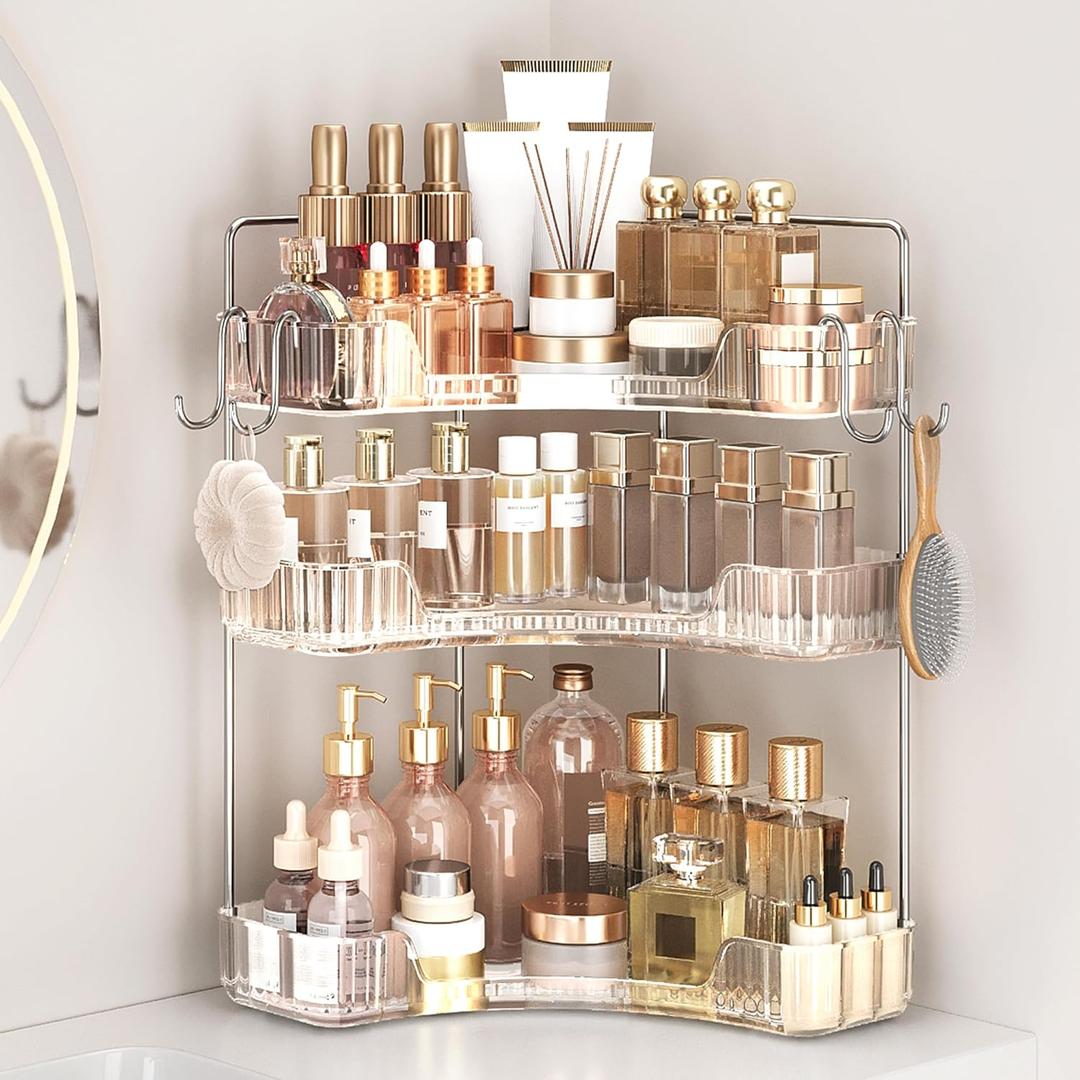 Corner Bathroom Counter Organizer 3-Tier Bathroom Organizer Countertop with Hooks Perfume Organizers Storage Shelf for Makeup & Skincare Dresser-Clear
