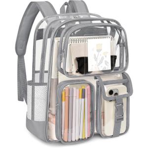 Attmu Clear Backpack for Stadium Events, Heavy Duty PVC Transparent Bookbag with Reinforced Strap, Large Capacity See Through Clear Bag for College Concerts Sport Work Security Travel, Grey