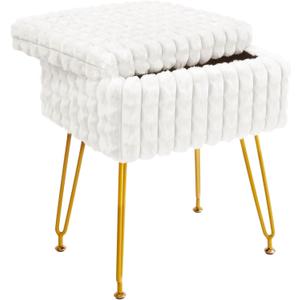 Vanity Stool Chair with Storage, Faux Fur Vanity StoolModern Soft Footrest Footstool Ottoman with Metal Legs, Multifunctional Anti-Slip Feet Fur Stool for Makeup Room, Bedrooml, White