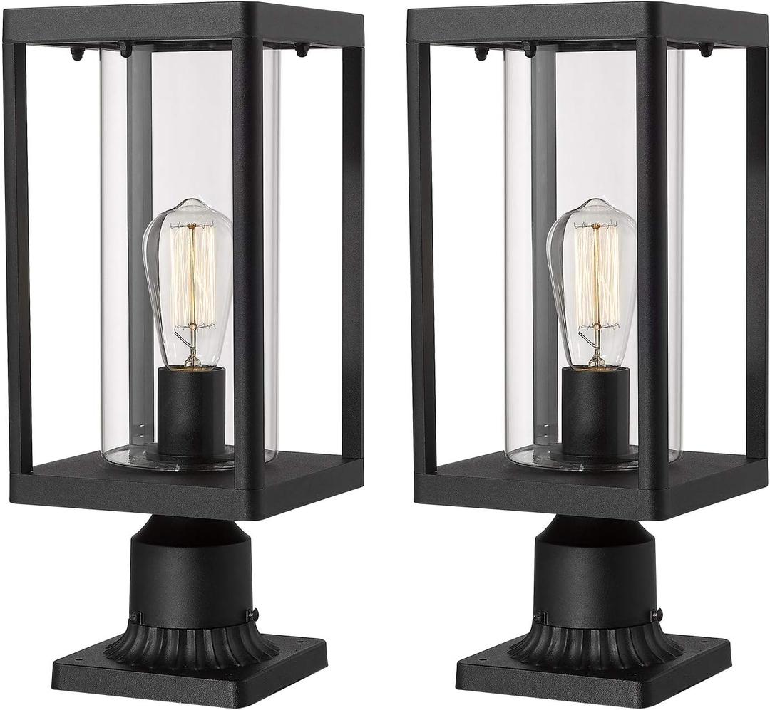 Beionxii Outdoor Post Lantern, 20inch Large Modern Lamp Post Light Fixture Exterior Pillar Lights with Pier Mount Base, Black Cast Aluminum w/Clear Cylinder Glass - A291P-2PK (NOT Solar, 110-120V AC), Extra Large