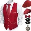 PARTTELY 1920s Mens Costume,Roaring 20s Costumes for Men,1920S Mens Outfit Accessories with Vest Hat Pocket Watch Tie Armband (Red, L)
