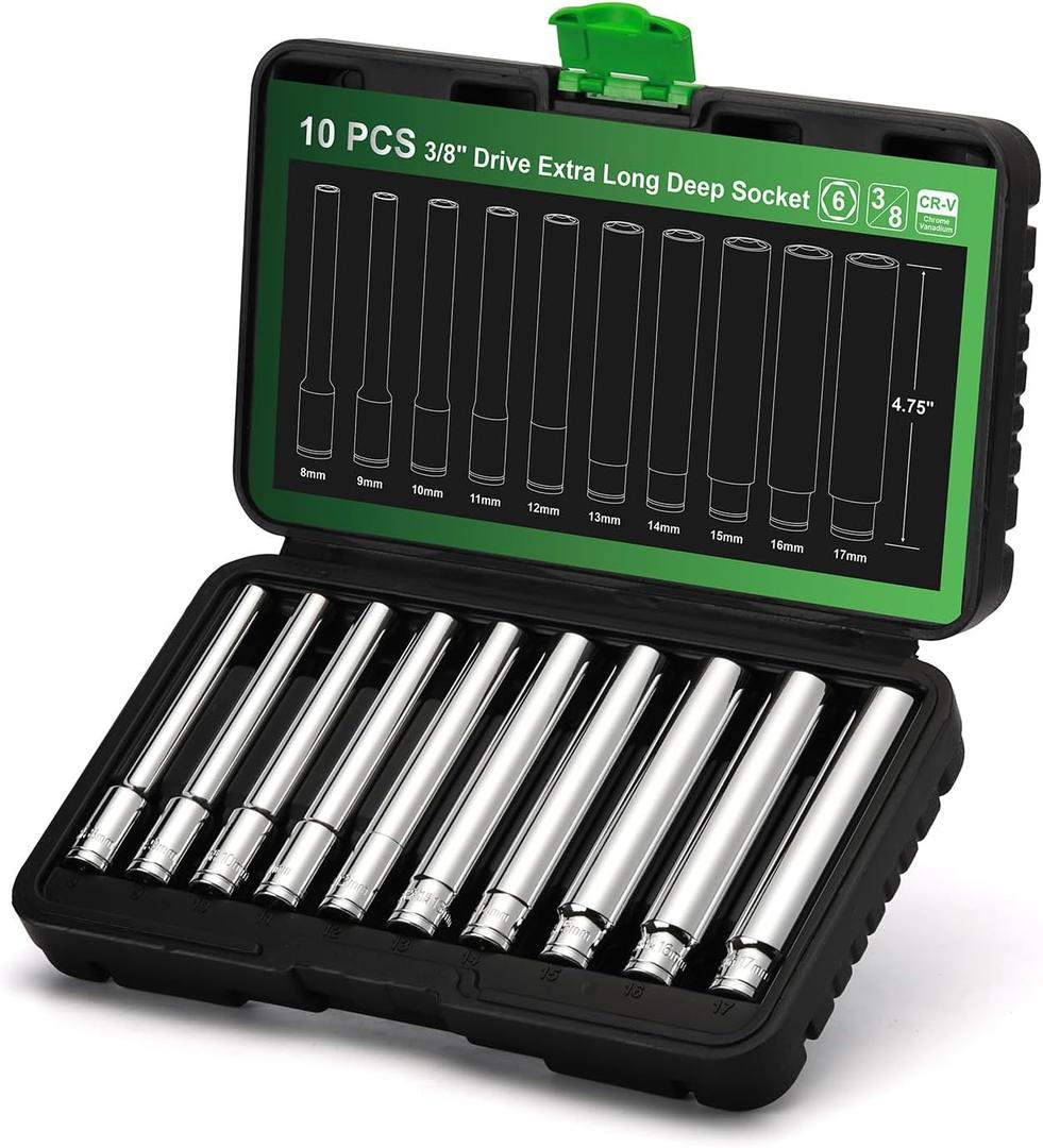 TecoTek 10PCS 3/8-Inch Drive Extra Deep Metric Socket Set, 6 Point, 8mm to 17mm, No Skipped Sizes, 120MM Deep CR-V Socket for Automotive and Industrial Applications