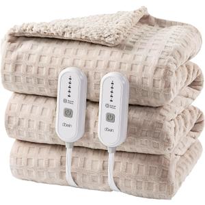 Dowin Electric Blanket King Size - Waffle Heated Blanket with Dual Control, 5 Heating Levels, 10 Hrs Auto Off, Sherpa Fleece Warming Blanket for Bed, Machine Washable, 90x100 Khaki