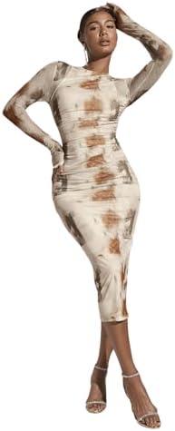 GORGLITTER Women's Mesh Long Sleeve Bodycon Midi Dress Fall Cocktail Birthday Dinner Wedding Guest Going Out Dresses, Large