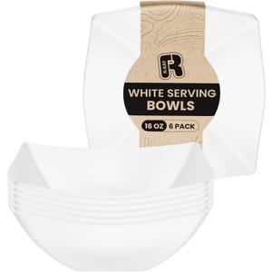 R-kay 6 Pack Square Plastic Serving Bowls - White Plastic bowls 16 Oz - Premium White Bowls Disposable Heavy Duty For Weddings Catering And Birthday parties
