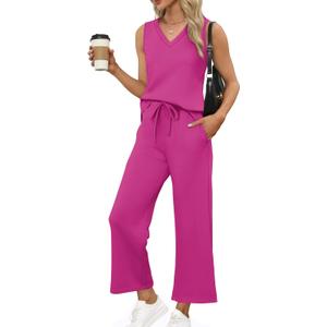 XIEERDUO Two Piece Sets for Women Summer Vacation Travel Outfits V Neck Lounge Matching Sets (Medium, Hot Pink)