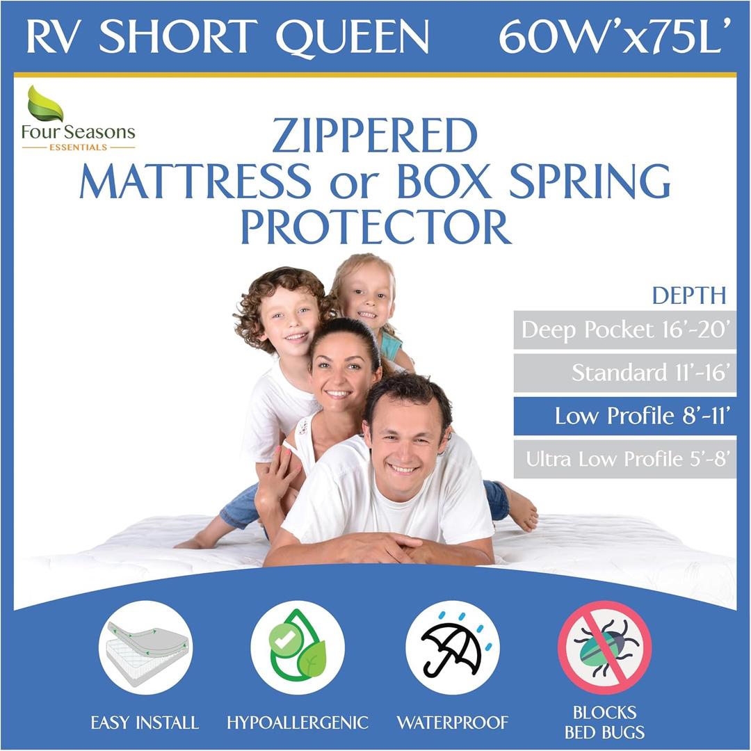 RV Short Queen Mattress Protector (8 to 11 Depth) - Waterproof Zippered Encasement 60" W x 75L Premium Quality Hypoallergenic Bed Cover Protects Against Bedbugs Dust
