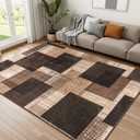 Modern Indoor Area Rug for Living Room, 8x10 Large Low Pile Geometric Patchwork Rug for Bedroom, Dining Room, Office, Hardwood Floors Home Decor, Non-Slip Faux Wool Machine Washable Area Rugs, Brown