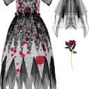 ReliBeauty Ghost Zombie Bride Costume for Girls with Veil and Flower (5/120, Black)