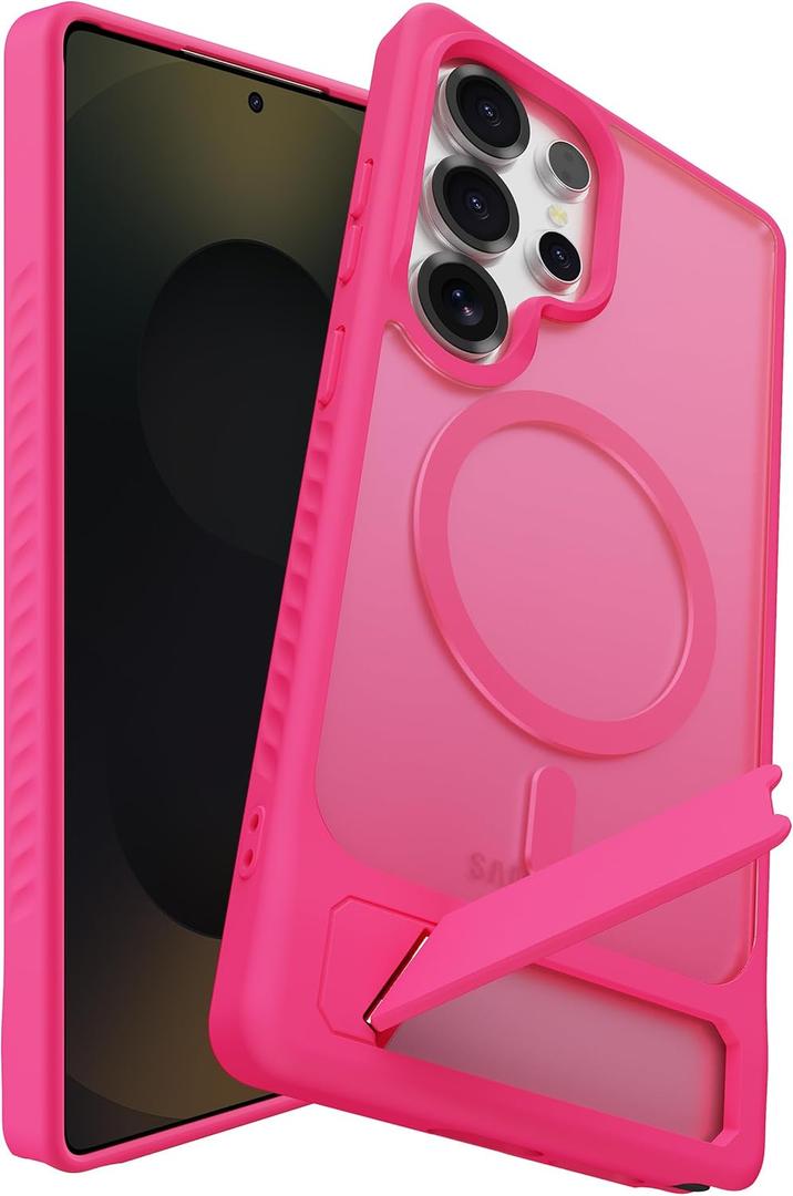 Magnetic for Samsung Galaxy S25 Ultra Case with Kickstand, Compatible with Mag-Safe, Slim Shockproof Grippy Translucent Matte Phone Cover, Built in Invisible Stand, Hot Pink