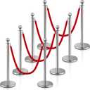 Ferraycle 8 Pcs Stainless Steel Stanchion Post Queue 5 ft Velvet Carpet Ropes and Pole Crowd Control Barriers Grand Opening Casino Theme Party Decorations 360 Photo Booth Accessories (Silver)