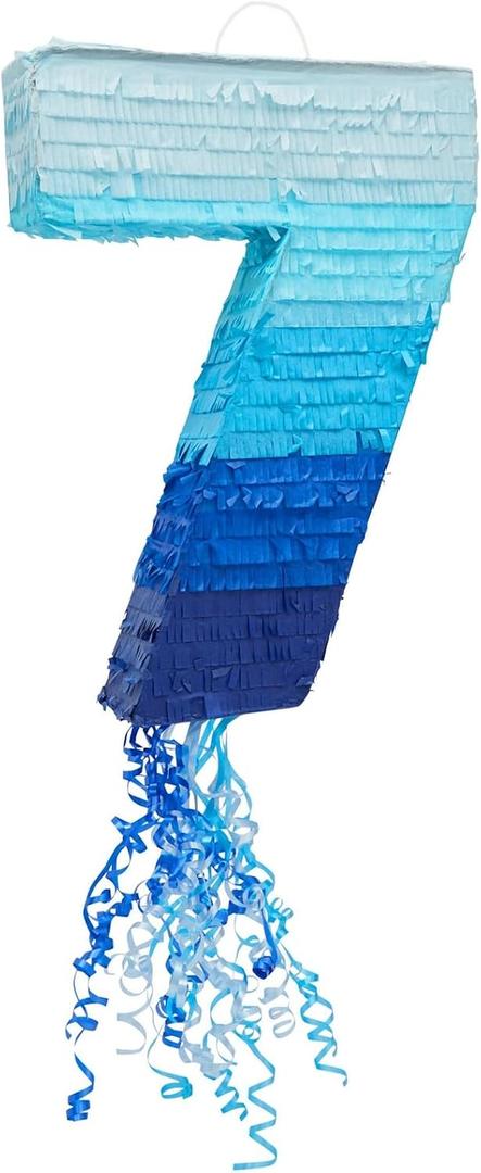 BLUE PANDA 7 Pinata Pull String Party Activity - Ombre Blue, 16.5 x 11.35 in - Easy-Fill Birthday Pinata for 7 Year Old Boys & Party Decoration
