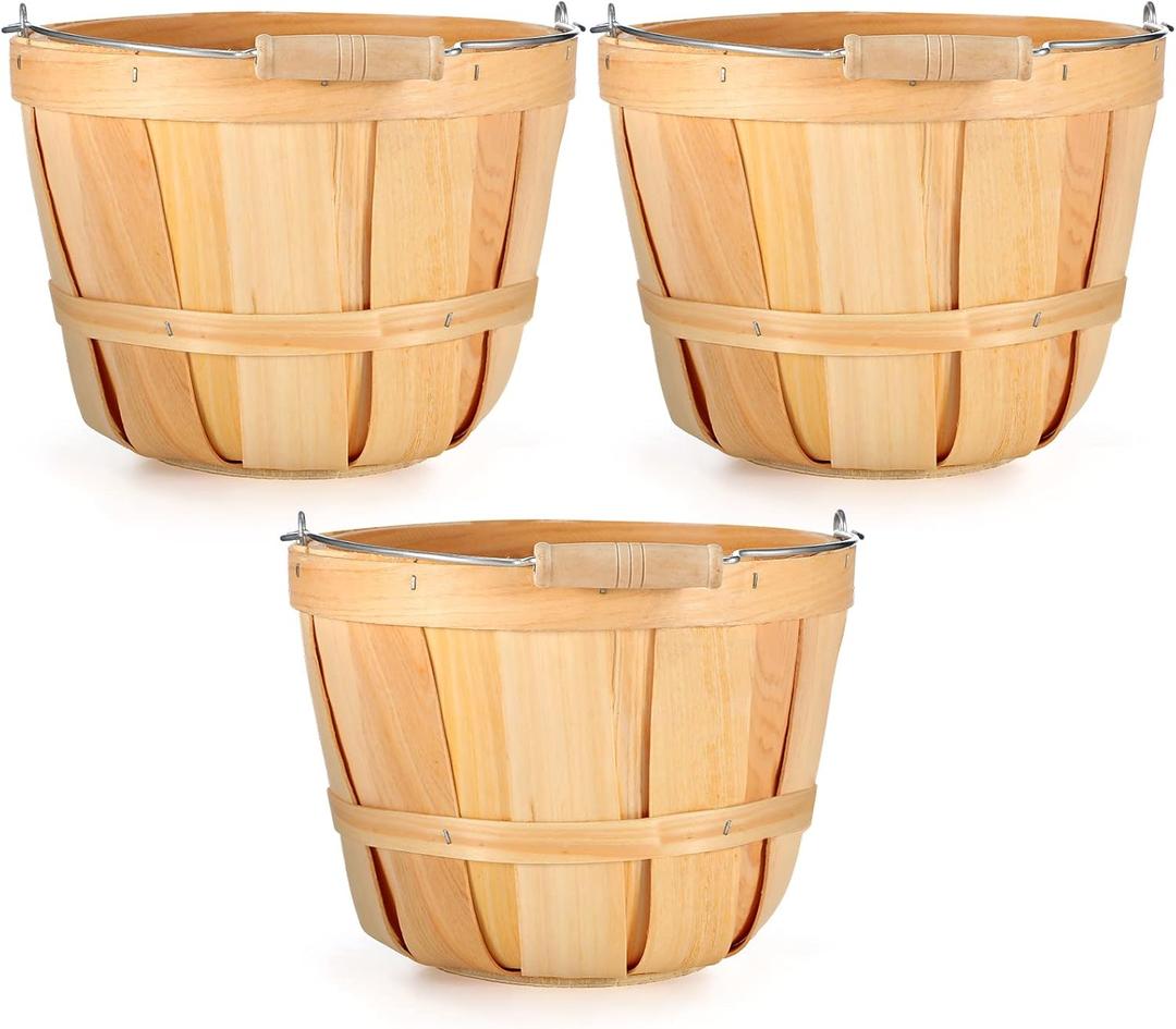 Eaasty 3 Pack Round Wooden Bushel Baskets Wood Fruit Buckets with Handle for Vegetable Snack Fall Holiday Farmhouse Garden Decoration, 4-quart Capacity, 6. 1 Inch Tall, 8 Inch Diameter