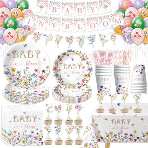 Srua Don Floral Baby Shower Decorations for Girl, Wild Flower Baby in Bloom Party Supplies, Paper Plate, Cup, Napkin, Tablecloth, Balloon, Cutlery, Garland Banner, Cupcake Toppers, Serves 24