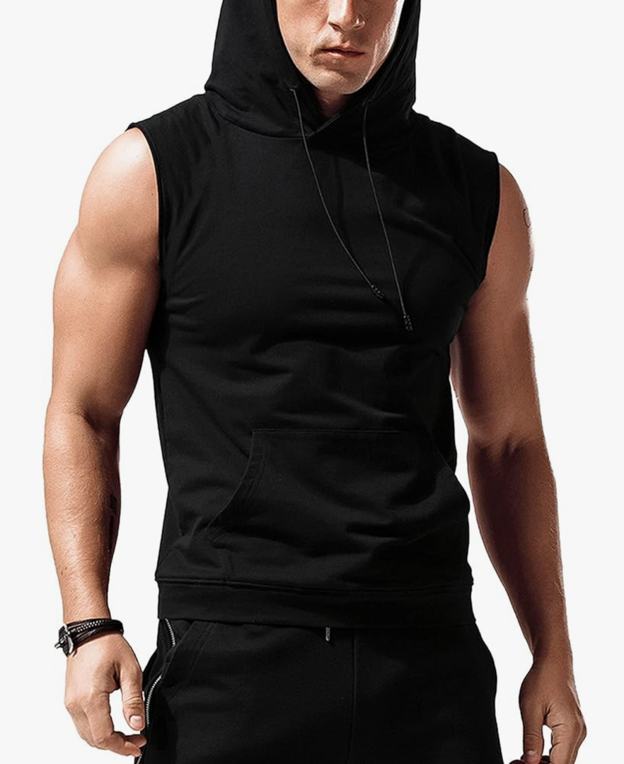 Babioboa Men's Workout Hooded Tank Tops Bodybuilding Muscle Cut Off T-Shirt Sleeveless Gym Hoodies Black, Large