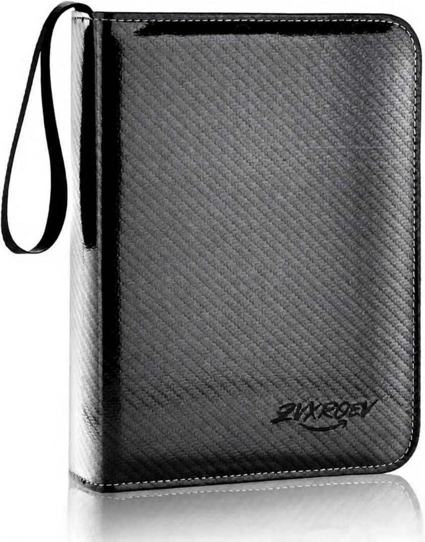 Baseball card binder 4-Pocket holds 400 cards, 100 pages Top-Loading, PU Leather Zip Waterproof Cover, Acid-Free Pages, for Home Storage & Card Shows, (4-Black)