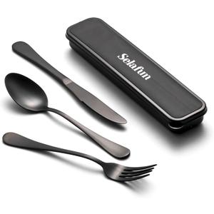 4-pieces Travel Set with Case Portable Silverware Utensils Set for work, Stainless Steel Reusable Flatware Set Cutlery Set for Camping Picnic Hiking Office (8inch, Matte Black)