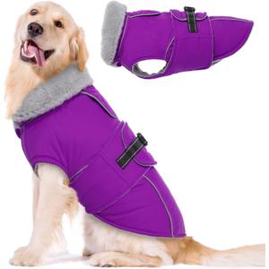 Lelepet Warm Dog Winter Coats for Large Dogs Waterproof Dog Jacket Reflective Pet Fleece Vest Windproof Cold Weather Coats with Adjustable Buckle & Leash Hole, Purple, XXL (2XL)