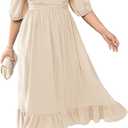 Women's Plus Size Maxi Dress Summer Half Lantern Sleeve Square Neck Smocked Flowy A-Line Elegant Wedding Guest Dresses (Beige), Size: 4X-Large Plus