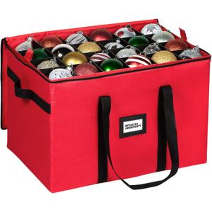 Christmas Ornament Storage Container,Box Stores Up to 96, Adjustable Dividers, Large Organizer Bin to Protect and Store Holiday Dcor (Red)