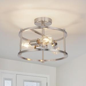 Semi Flush Mount 3-Light Modern Kitchen Light Fixtures - Brushed Nickel Metal Cage Ceiling Lights for Bedroom, Dining Room, Living Room, Hallway, Foyer