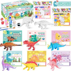 Shemira Valentine's Day Cards for Kids,24 Pack of Dinosaur Painting Kit with Valentines Greeting Cards for Kids, Valentine's School Classroom Exchange Gifts, Valentines' Party Favor Supplies