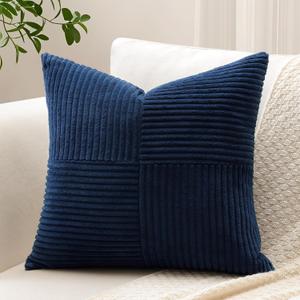 OTOSTAR Set of 1 Decorative Throw Pillow Cover Soft Corduroy Solid Square Pillow Cases Farmhouse Boho Striped Cross Patchwork Textured Cushion Cover for Sofa Car Bed Living Room 24x24 Inch, Navy Blue
