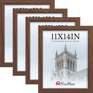 11x14 Picture Frame 4 Pack, Brown Wood 14x11 Frame, Tempered Glass, Vertical or Horizontal Wall Display for Photos & Art Prints