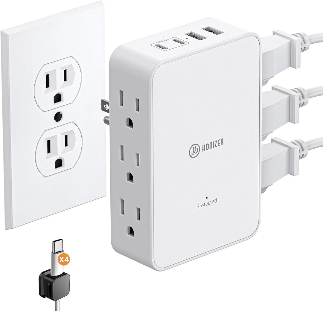 Outlet Splitter with 6 AC Side Outlets, Flat Wall Outlet Extender with PD 20W USB C, 3-Sided Electrical Outlet Extender with 4 Cable Clips for Behind Couches, Nightstands, Desks, TV