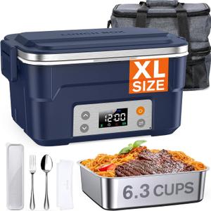 EAST OAK XL 6.3-Cup Cordless Electric Lunch Box for Adults, Heated Lunch Box for Men with Scheduled Heating, Portable Car Food Warmer with Utensils, Two-Tier Bag, Removable Divider (Extra Large, Blue)