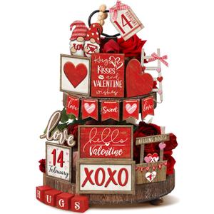 24 Pcs Vintage Farmhouse Valentine's Day Tiered Tray Decor Set Heart Wooden Valentine Table Centerpieces Love Heart XOXO Wooden Signs for Home Decor
