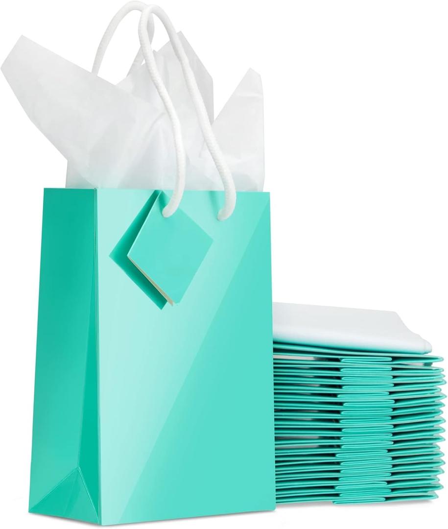 BLUE PANDA Gift Bags - 20 Pack Small Teal, 7.9 x 5.5 x 2.5 In - Teal Party Favor Bags for Baby Shower, Wedding & Birthday with Tags & Tissue Paper