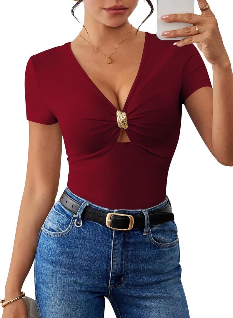 Pink Queen Women Summer Tops Stylish Deep V-Neck Short Sleeve Shirt with Metal Ring Decor (Small, Burgundy)