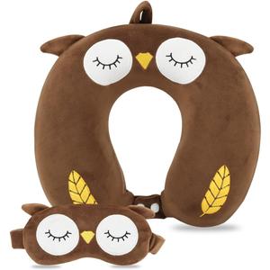 Sexysamba Travel Pillow for Kids Adults with Sleep Eye Mask Cute Cartoon U Shaped Memory Foam Neck Pillows for Travel Head Rest & Neck Support for Airplane, Car, Office Sleeping, Brown Owl