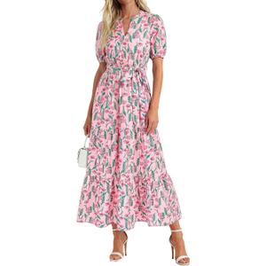 PRETTYGARDEN Women's Summer Maxi Dresses Boho Floral Short Sleeve V Neck Casual Wedding Guest 2026 Beach Vacation Outfits (Pink, M)